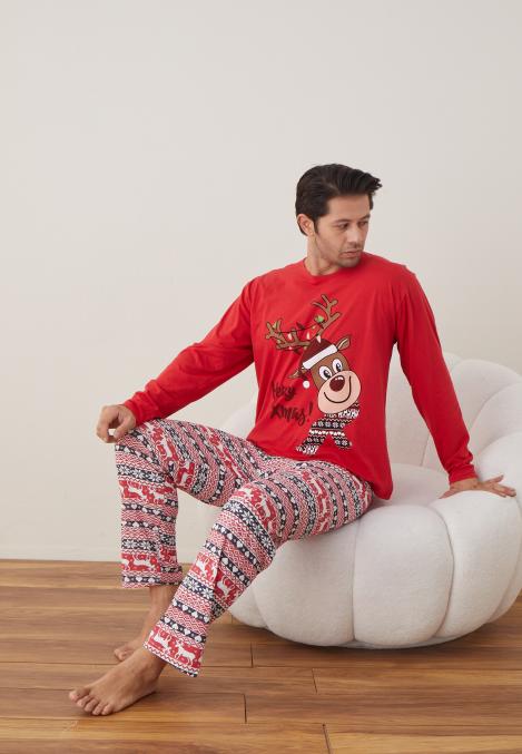 Pijama barbat Craciun maneca lunga pantaloni lungi rosu Herry Xmas ENGROS